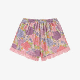 Marlo Kids-Girls Pink Floral Towelling Shorts with Fringing | Childrensalon