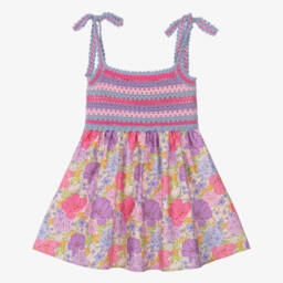 Marlo Kids-Girls Pink & Purple Cotton Floral Crochet & Poplin Dress | Childrensalon