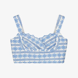 Girls White & Blue Floral Embroidered Top