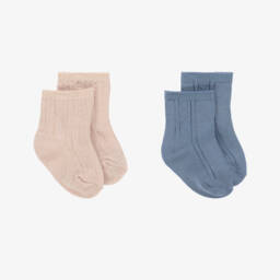 Mayoral Newborn-Baby Boys Beige & Blue Cotton Socks (2 Pack) | Childrensalon