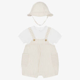 Mayoral Newborn-Baby Boys Beige Stripe Cotton Shortie & Hat Set | Childrensalon