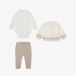 Mayoral Для новорожденных-Baby Boys Ivory & Beige Cotton Knit Dinosaur Babysuit Set | Childrensalon