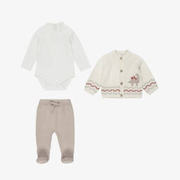 Mayoral Для новорожденных-Baby Boys Ivory & Beige Cotton Knit Dinosaur Babysuit Set | Childrensalon