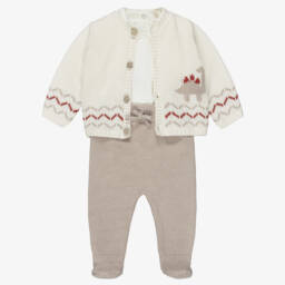 Mayoral Для новорожденных-Baby Boys Ivory & Beige Cotton Knit Dinosaur Babysuit Set | Childrensalon