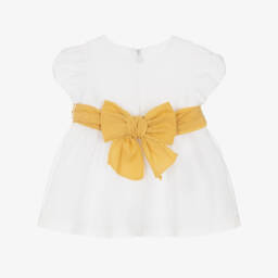 Mayoral Newborn-Baby Girls Ivory Dress with Yellow Belt | Childrensalon