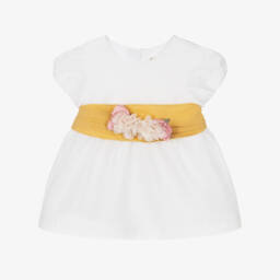 Mayoral Newborn-Baby Girls Ivory Dress with Yellow Belt | Childrensalon