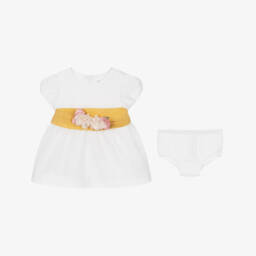 Mayoral Newborn-Baby Girls Ivory Dress with Yellow Belt | Childrensalon