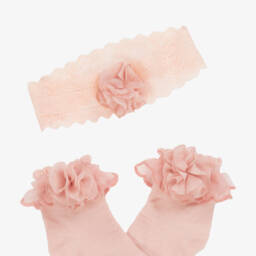 Mayoral Newborn-Baby Girls Pink Socks & Lace Headband Set | Childrensalon