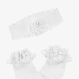 Mayoral Newborn-Baby Girls White Socks & Lace Headband Set | Childrensalon