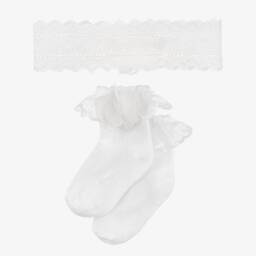 Mayoral Newborn-Baby Girls White Socks & Lace Headband Set | Childrensalon