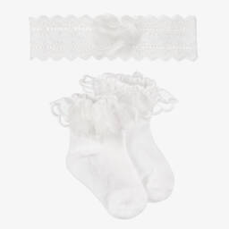 Mayoral Newborn-Baby Girls White Socks & Lace Headband Set | Childrensalon