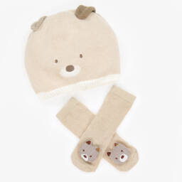 Mayoral Newborn-Beige Bear Baby Hat & Socks Set | Childrensalon