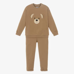 Mayoral-Boys Beige Cotton Jersey Teddy Bear Trouser Set | Childrensalon