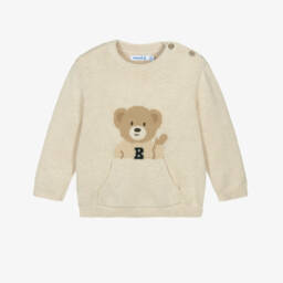 Mayoral-Boys Beige Cotton & Wool Bear Sweater with Pouch Pocket | Childrensalon