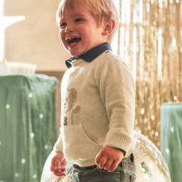 Mayoral-Boys Beige Cotton & Wool Bear Sweater with Pouch Pocket | Childrensalon