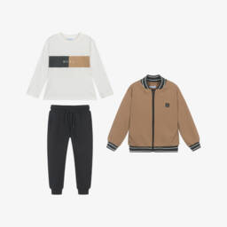 Mayoral-Boys Beige & Grey 3 Piece Cotton Tracksuit | Childrensalon