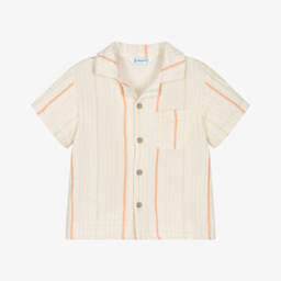 Boys Beige Striped Cotton Muslin Shirt