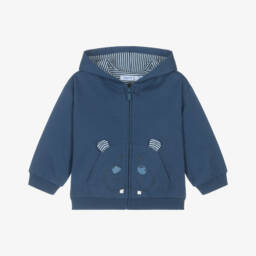 Boys Blue Zip-Up Hooded Top with Hippo Motif