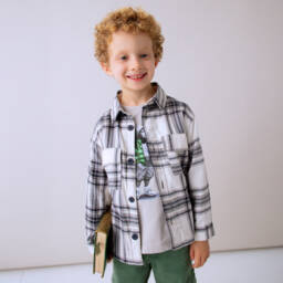 Mayoral-Boys Grey & Ivory Cotton Checked Shacket | Childrensalon