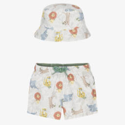 Mayoral-Boys Ivory Jungle Swim Shorts & Hat Set (UPF40+) | Childrensalon