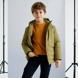 Mayoral Nukutavake-Boys Khaki Green Hooded & Padded Coat | Childrensalon