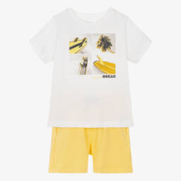 Mayoral-Boys White & Yellow Cotton Surfboard Print Shorts Set | Childrensalon