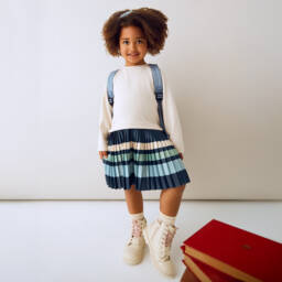 Mayoral-Girls Beige & Blue Pleated Dress with Stripes | Childrensalon