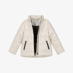 Mayoral-Girls Beige Faux Leather Puffer Coat with Black Zip | Childrensalon