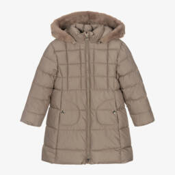 Mayoral-Girls Beige Hooded Puffer Coat | Childrensalon