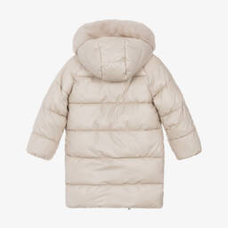 Mayoral-Бежевое пуховое пальто с капюшоном и отделкой из искусственного меха для девочек | Childrensalon