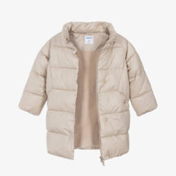 Mayoral-Бежевое пуховое пальто с капюшоном и отделкой из искусственного меха для девочек | Childrensalon