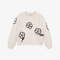 Mayoral-Girls Beige Knitted Sweater with Black Flowers | Childrensalon