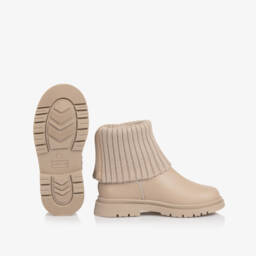 Mayoral-Ботинки с манжетами из ребристой вязки бежевые кожаные для девочек | Childrensalon