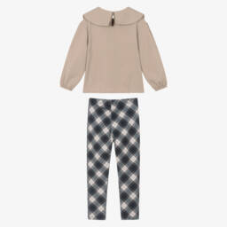 Mayoral-Girls Beige & Navy Blue Tartan Check Cotton Leggings Set | Childrensalon