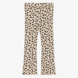 Mayoral-Girls Beige Ribbed Cotton Leopard Print Leggings | Childrensalon