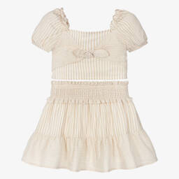 Mayoral-Girls Beige Striped Cotton Skirt Set | Childrensalon