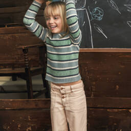 Mayoral-Джинсы с широкими штанинами бежевые с пуговицами для девочек | Childrensalon