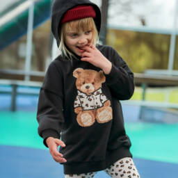 Mayoral-Girls Black Cotton Teddy Bear Hoodie Dress | Childrensalon