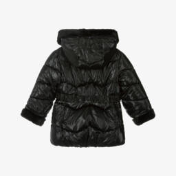 Mayoral-Girls Black Hooded Puffer Coat with Faux Fur Trims | Childrensalon