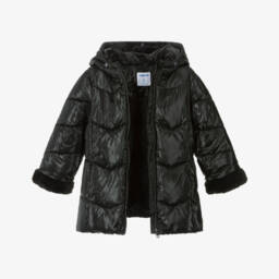 Mayoral-Girls Black Hooded Puffer Coat with Faux Fur Trims | Childrensalon