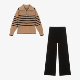 Mayoral-Girls Brown & Black Stripe Knitted Trouser Set | Childrensalon