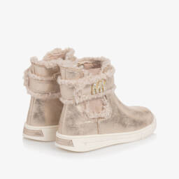 Mayoral-Girls Gold Faux Leather Ankle Boots with Diamanté Logo | Childrensalon