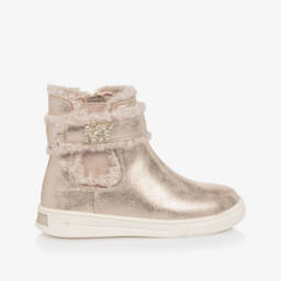 Mayoral-Girls Gold Faux Leather Ankle Boots with Diamanté Logo | Childrensalon