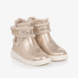 Mayoral-Girls Gold Faux Leather Ankle Boots with Diamanté Logo | Childrensalon