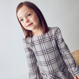 Mayoral-Girls Grey & Glittery Red Check Cotton Jersey Dress | Childrensalon