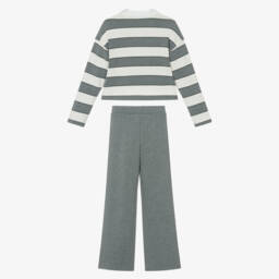Mayoral-Girls Grey Stripe Jersey Polo Top & Trouser Set | Childrensalon