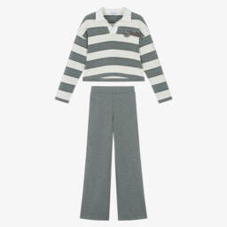 Mayoral-Girls Grey Stripe Jersey Polo Top & Trouser Set | Childrensalon