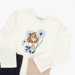 Mayoral-Girls Ivory & Blue Cotton Girl Print Leggings Set | Childrensalon