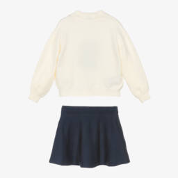 Mayoral-Girls Ivory & Blue Knitted Skirt Set with Floral Motif | Childrensalon
