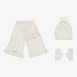 Mayoral-Girls Ivory Cable Knit Hat Set | Childrensalon